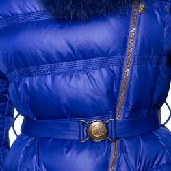 Versace Collection Blue Down Quilted & Fur Trimmed Belted Jacket M