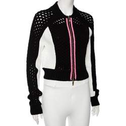 مملوكة مسبقًا Versace Monochrome Open Knit Contrast Trim Zip Front Sweater M