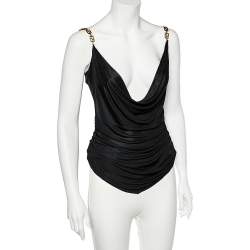 Pre Owned Versace Black Jersey Gold Logo Chain Strap Detail Top M