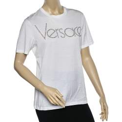 Pre Owned Versace White Logo Embellished Cotton Short Sleeve T-Shirt M