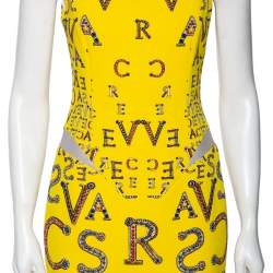 مملوكة مسبقًا Versace Yellow Printed Silk Leather Trim Detailed Bodycon Dress S