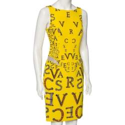 مملوكة مسبقًا Versace Yellow Printed Silk Leather Trim Detailed Bodycon Dress S