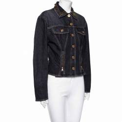 مملوكة مسبقًا Versace Charcoal Grey Denim Rockstud Detail Button Front Jacket M