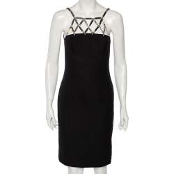 Pre Owned Versace Black Silk Crepe & Metal Chain Detailed Dress S 