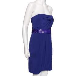 Versace Blue Crepe Embellished Detail Strapless Mini Dress M