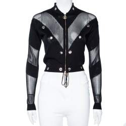 Pre Owned Versace Black & Gold Eyelet Detail Knit Zip Front Jacket S