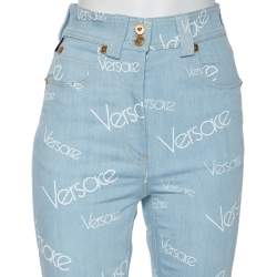 Pre Owned Versace Blue Logo Printed Denim Jeans S