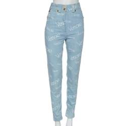Pre Owned Versace Blue Logo Printed Denim Jeans S