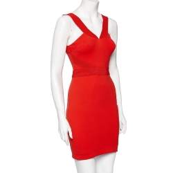 Pre Owned Versace Orange Jersey Embroidered Trim Detailed Short Dress S