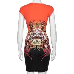 Pre Owned Versace Orange & Black Printed Jersey Sleeveless Short Dress S