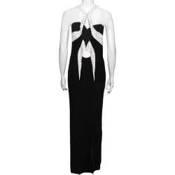 Pre Owned Versace Black Crepe Contrast Paneled Eyelet Studded Maxi Dress S