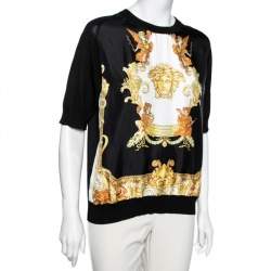 Pre Owned توب فيرساتشي حرير مطبوع ميدوسا أسود رقبة عريضة مقاس كبير ( لارج )