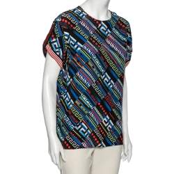 Pre Owned Versace Multicolor  La Greca Printed Silk Crew Neck Short Sleeve Blouse M