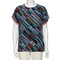 Pre Owned Versace Multicolor  La Greca Printed Silk Crew Neck Short Sleeve Blouse M