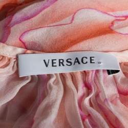 Pre Owned Versace Orange Rose Printed Silk Button Front Long Sleeve Blouse S