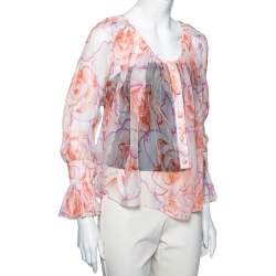 Pre Owned Versace Orange Rose Printed Silk Button Front Long Sleeve Blouse S