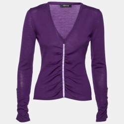 Pre Owned Versace Purple Knit Ruched Crystal Embellished Sweater M