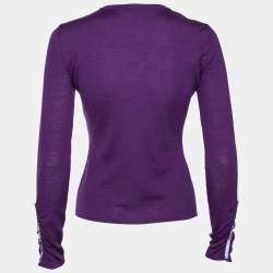 Pre Owned Versace Purple Knit Ruched Crystal Embellished Sweater M