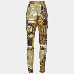 Pre Owned Versace Gold & Black Coated Knit Barocco Print Leggings M