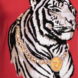 Pre Owned Versace Red Jersey Tiger Printed Flocked Round Neck T-Shirt L