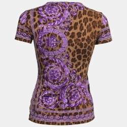 Pre Owned Versace Brown & Purple Animal Print Jersey Round Neck T-Shirt M