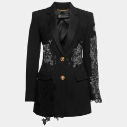 Pre Owned Versace Black Crepe & Lace Inset Raw Hem Blazer S