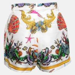 Versace White Ocean Baroque Printed Silk High Waist Shorts S