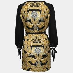 مملوكة مسبقًا Versace Black Baroque Print Silk Long Sleeve Mini Dress S