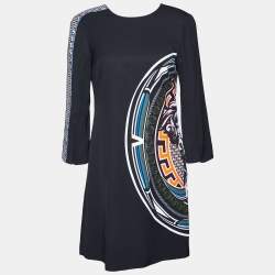 Pre Owned Versace Black Printed Crepe Long Sleeve Mini Dress S