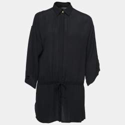 Versace Black Silk Button Front  Tie Detail Mini Shirt Dress M