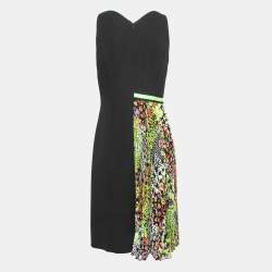 Pre Owned Versace Black/Green Printed Silk Pleat Detail Sleeveless Midi Dress M