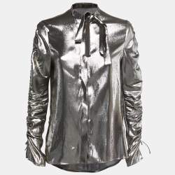 Versace Metallic Lurex Silk Blend Ruched Sleeve Neck Tie Detailed Shirt Blouse S