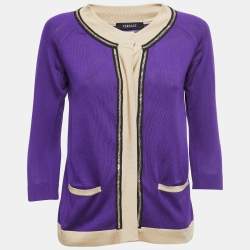 Versace Purple Silk Knit Contrast Trim Button Front Cardigan L
