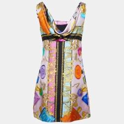 Versace Pink Printed Silk Metal Shoulder Cowl Neck Sleeveless Mini Dress S