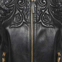 Pre Owned Versace Black Leather & Python Zip Front Biker Jacket S
