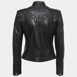 Pre Owned Versace Black Leather & Python Zip Front Biker Jacket S
