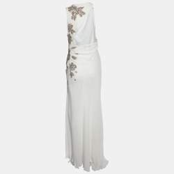 Pre Owned Versace White Embellished Silk Sleeveless Slit Detail Gown M