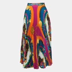 Versace Multicolor Print Synthetic Pleated Midi Skirt S