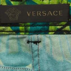 Pre Owned Versace Green Jungle Print Cotton Denim Shorts S