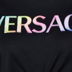 Pre Owned Versace Black Logo Embroidered Cotton Twisted Hem Crop T-Shirt S