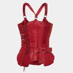 Pre Owned Versace Red Leather and Silk Bondage Corset Top M