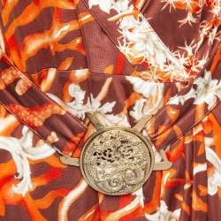 Versace Vintage Brown Shell Print Jersey Belted Draped Dress M