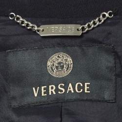Pre Owned Versace Navy Blue Leather Trimmed Wool Single Breasted Blazer M