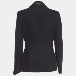 Pre Owned Versace Navy Blue Leather Trimmed Wool Single Breasted Blazer M