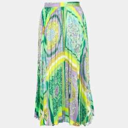 Pre Owned Versace Green Baroque Mosaic Print Satin Pleated Skirt M