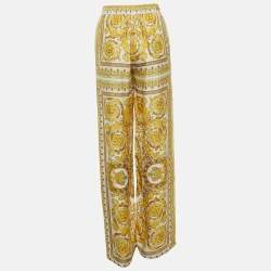 Pre Owned Versace Yellow Barocco Print Crepe Wide Leg Trousers S