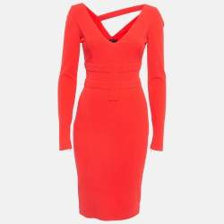 Pre Owned Versace Red Crinkle Wool Blend V-Neck Sheath Dress S