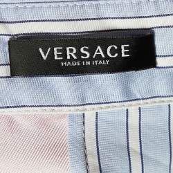 Pre Owned Versace Blue La Greca Striped Silk & Cotton Paneled Shirt L
