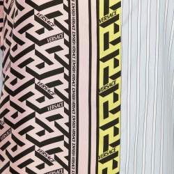 Pre Owned Versace Blue La Greca Striped Silk & Cotton Paneled Shirt L