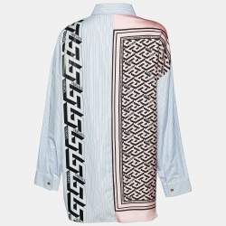 Pre Owned Versace Blue La Greca Striped Silk & Cotton Paneled Shirt L